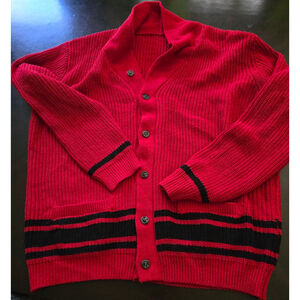 Oversized Unisex Vintage Grandpa Red & Black Striped Knit Cardigan Sweater L